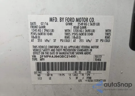 2016 Ford Edge Sel z USA, uszkodzony, nr VIN 2FMPK4J84GBC21495